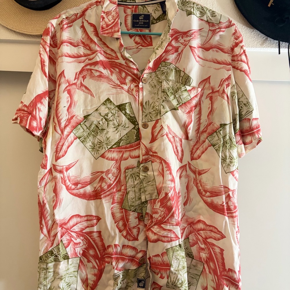 Caribbean Joe Red and Green Leaf Print Men's Shirt